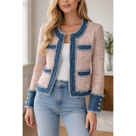 Nanette Lepore Jackets & Blazers - Nanette Lepore New Pink Tweed Jacket with Fringe Denim Trims Size M